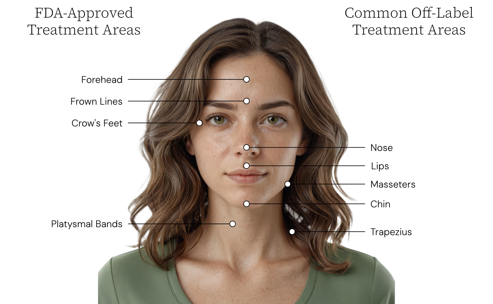 Diagram of neuromodulator treatment areas on the face and neck